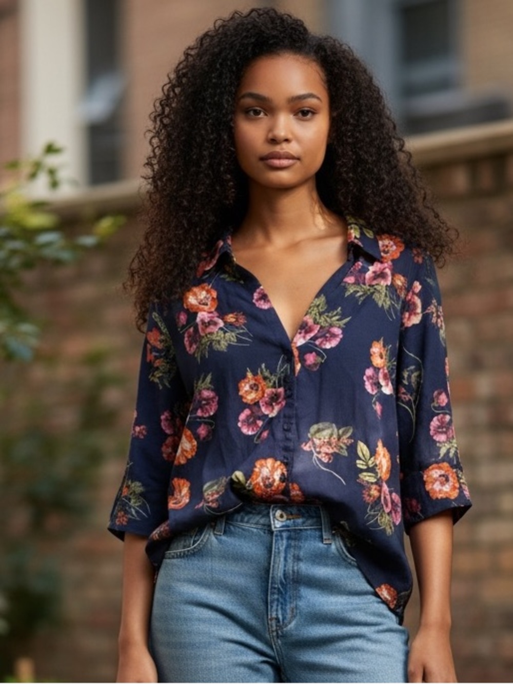 New York & Company Dark Blue Floral Button Down Shirt